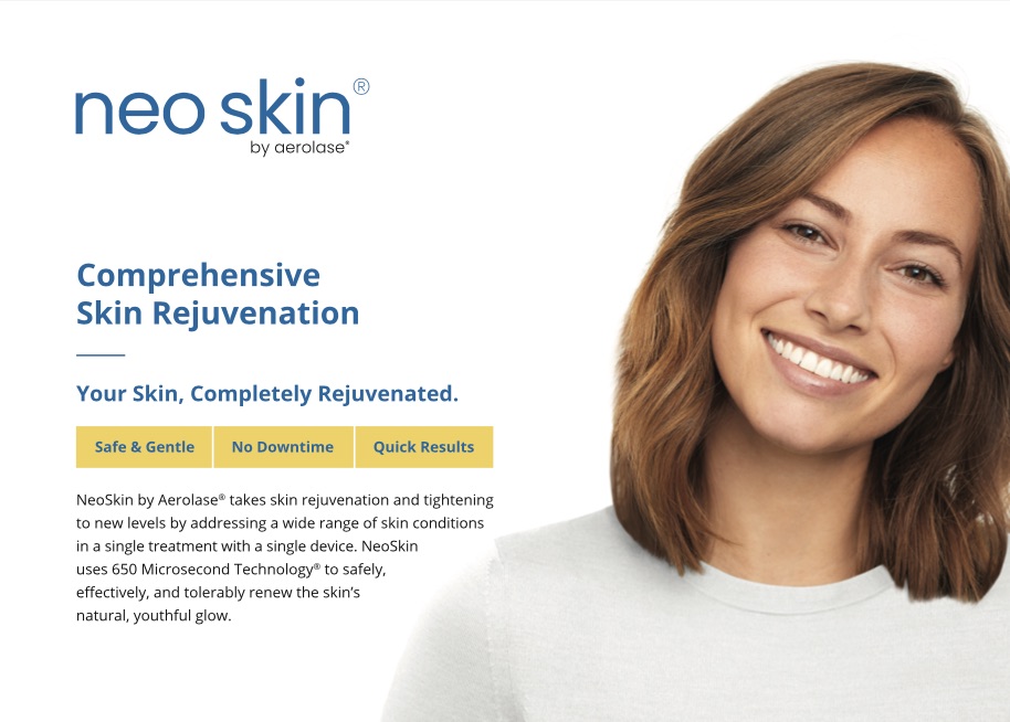 Smiling woman with clear skin promoting NeoSkin laser skin rejuvenation and tightening at Spa La La in Austin